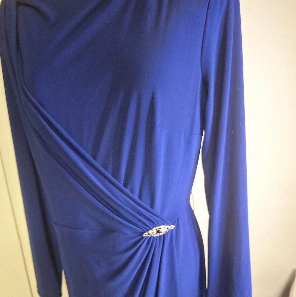 NWT Chaps Navy Faux Wrap Midi  Dress With Long Sleeves           Size Large